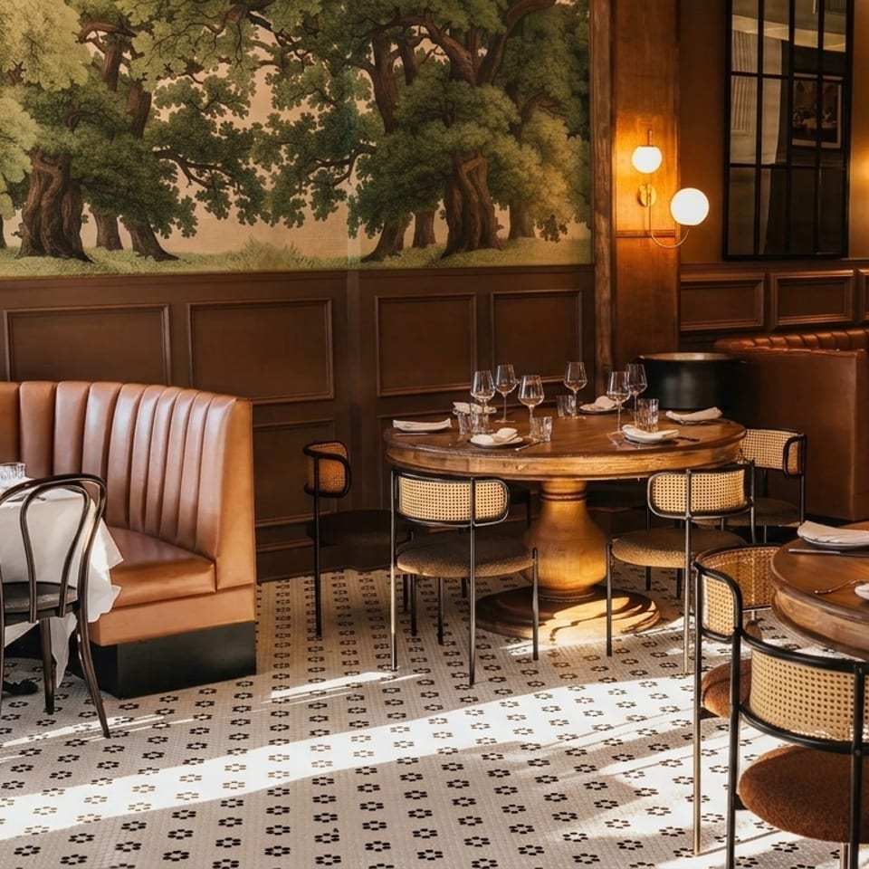 Elegant restaurant interior with brown leather booths, round wooden tables, and a tree mural on the wall.