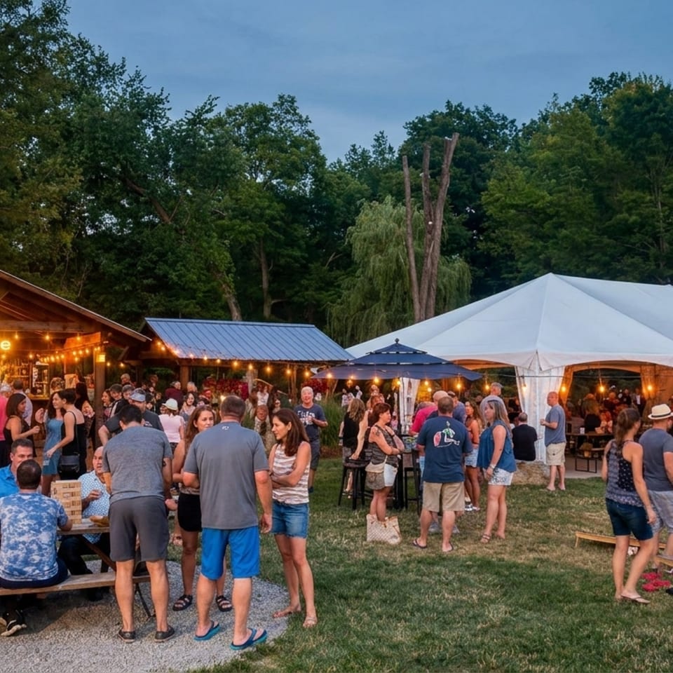 A lively outdoor evening event with a "Smokehouse" stand, a large white tent, and many people.