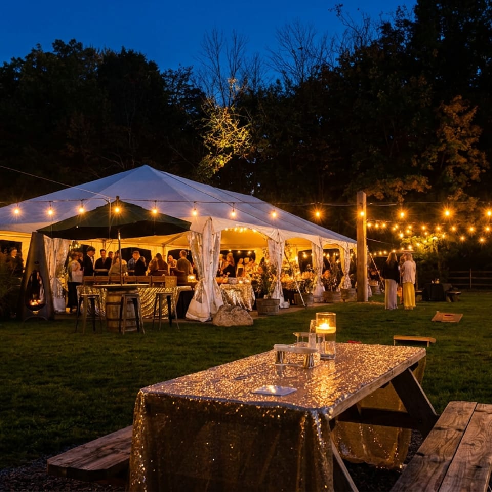 Outdoor evening event with a large tent, string lights, and guests mingling on a grassy lawn.