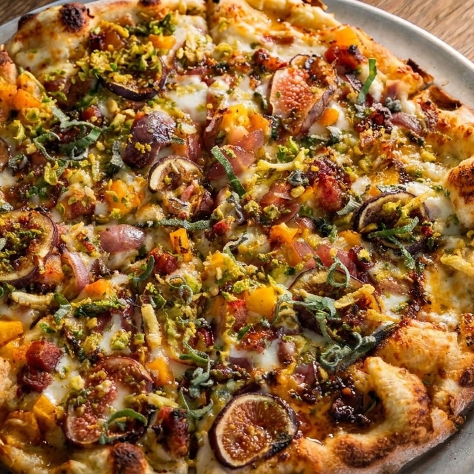 A gourmet pizza with figs, butternut squash, bacon, and pistachios on a metal pan.