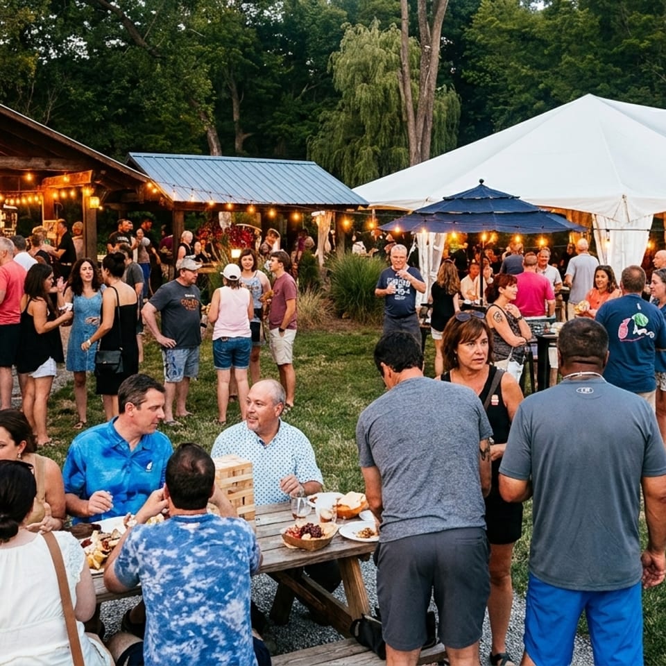 A lively outdoor smokehouse event with many people mingling, eating, and drinking under string lights and tents.